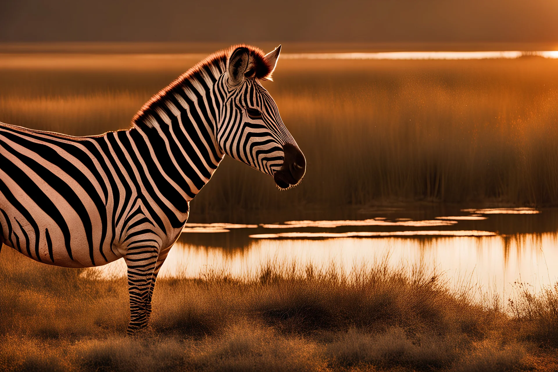 Zebra with blood looking at a lake during sunset
