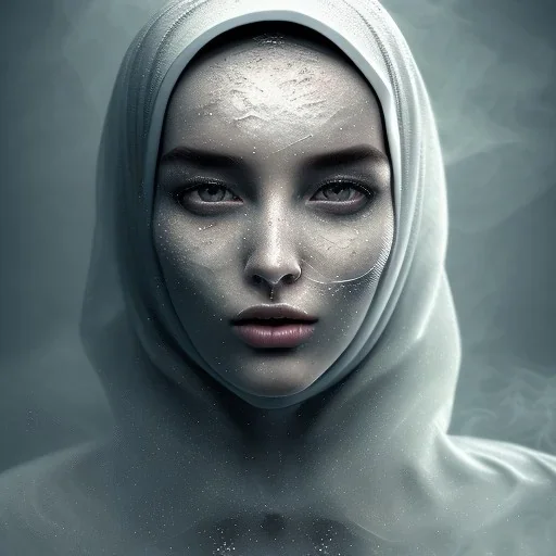 clouds of fog as woman's face, dissolving, disintegrating, smokey, foggy, wearing hijab, fine detail, highly intricate, ghostly, modern surrealism painting, high-quality, volumetric lighting, 8k, ultrahd, George Grie, Marco Escobedo, Igor Morski,Brian Froud, Howard Lyon, Selina French,