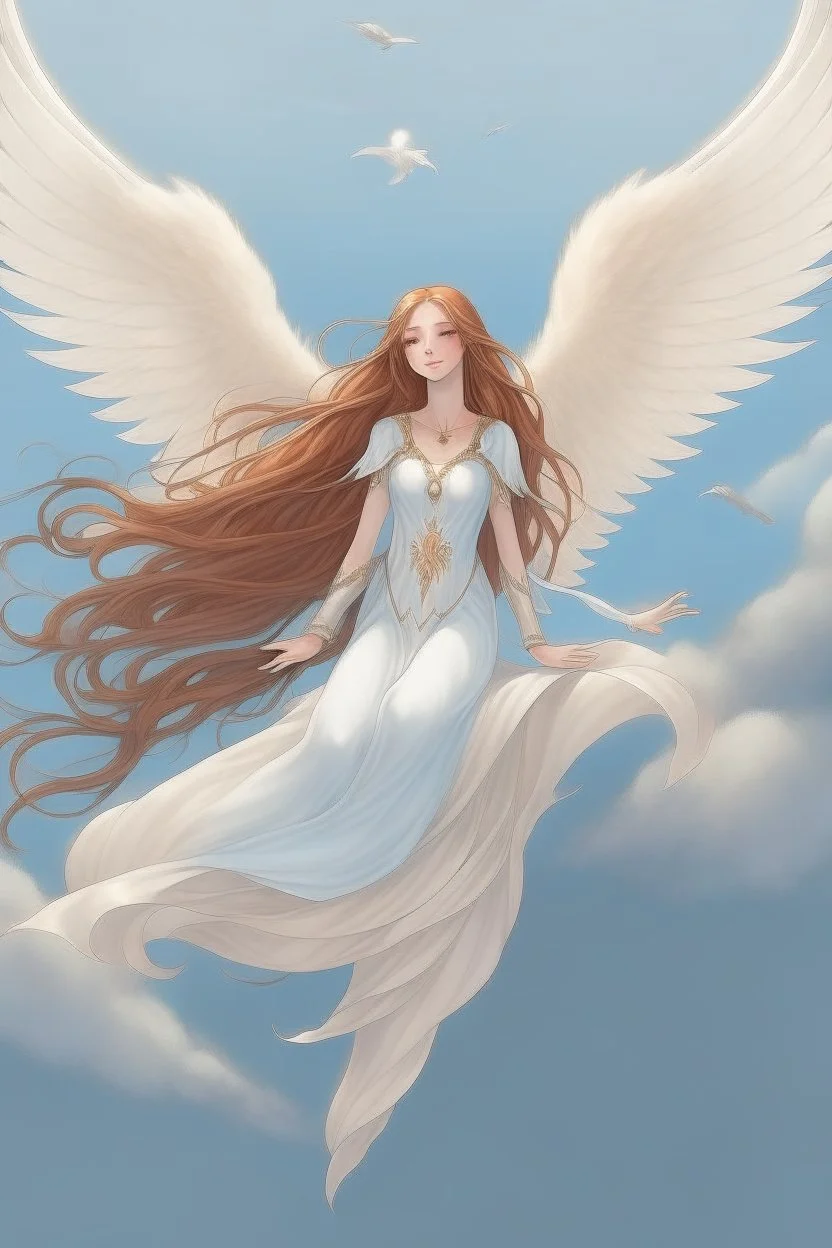 An Angel floating over Arcadia with long Aubern hair