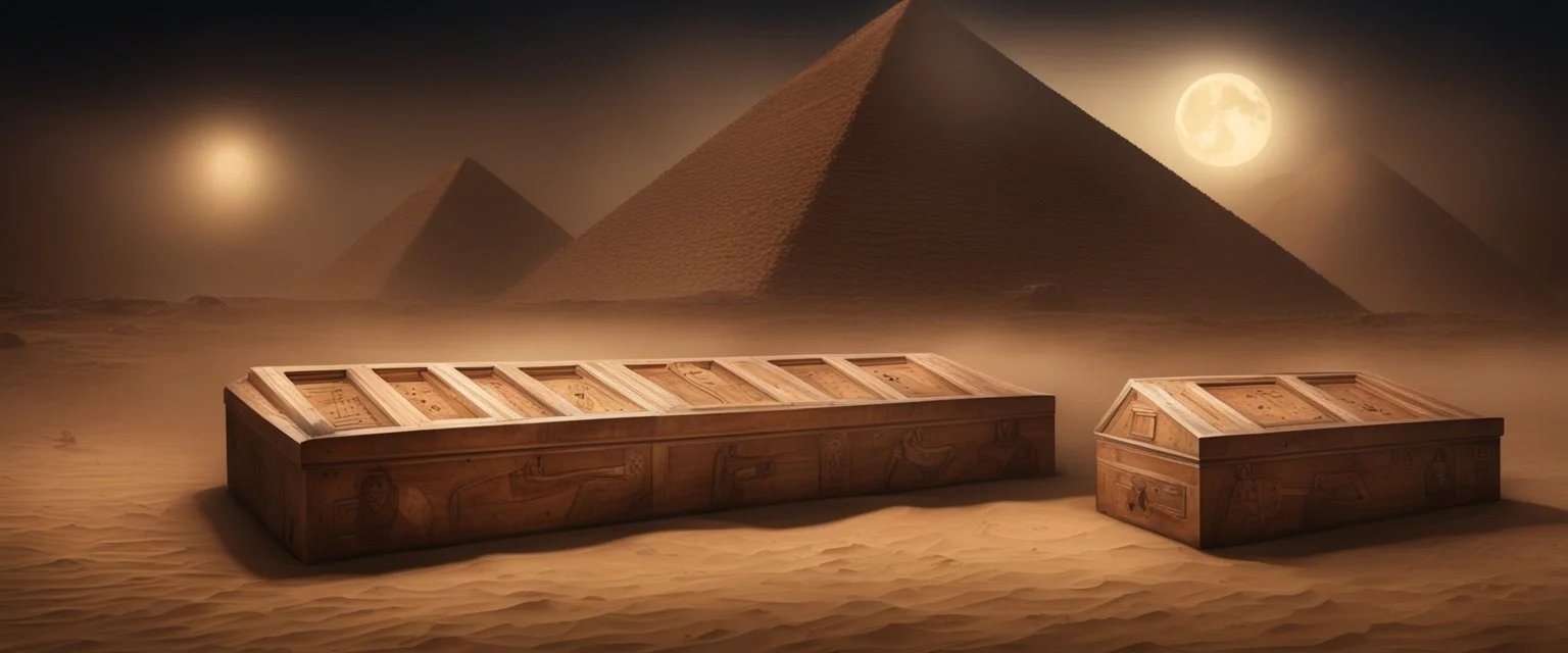 Hyper Realistic haunted view of Egyptian mummy coffins outside Pyramids with sandstorm at dark night