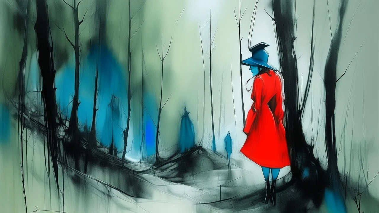 abstract painting, the lady of the forest with blue eyes in red boots on a foggy morning walk use flat bright colors displayed art, Charcoal, Ink, refugees, conformity, Analogue film photo, 1950s, candid, retro analog, 35mm film, film grain, very dark focused flash photo,