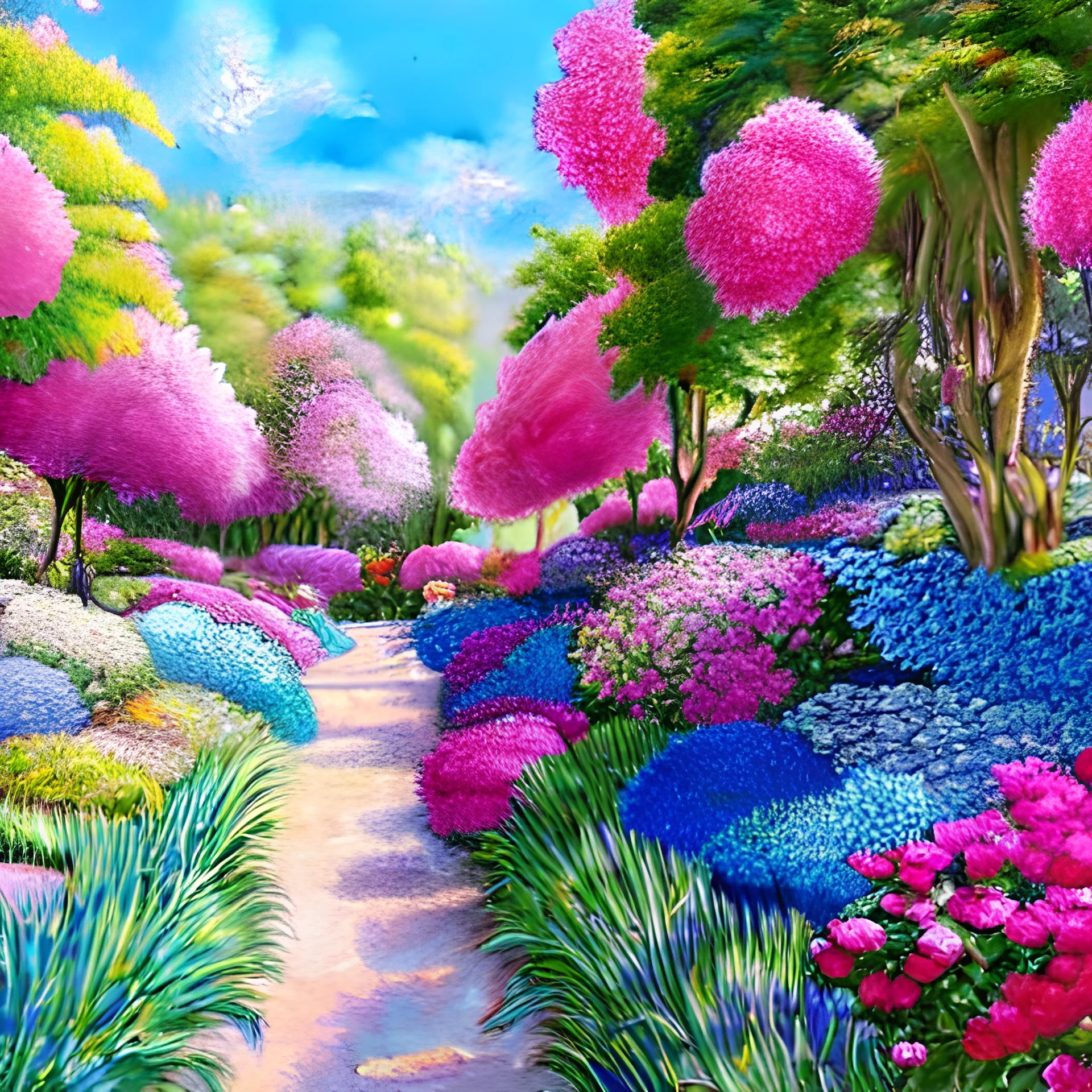 beautiful garden with large flowers, blue, pink, gold, white, glistening blue leaves, sunny atmosphere, intricate, Exquisite details and textures, highly detailed, digital painting, artstation, concept art, sharp focus, nature background, illustration, 8k, by stability ai, nvidia