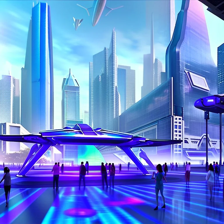 A group of people gather in a futuristic plaza, surrounded by towering skyscrapers and holographic advertisements. The plaza is filled with blue and purple light, and flying vehicles can be seen in the background. Digital art