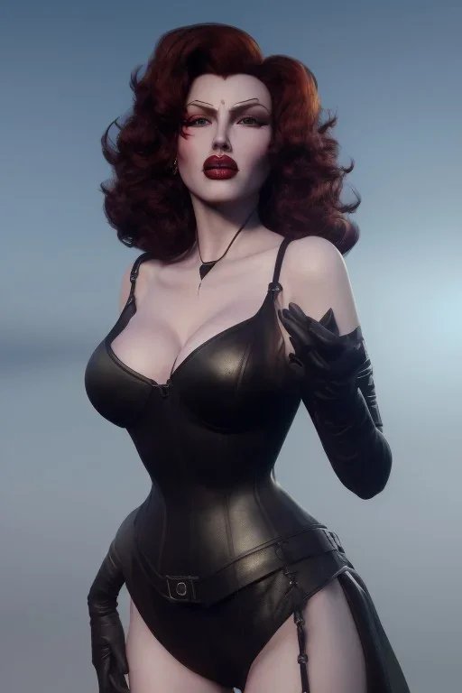 Rita Hayworth as evil queen in black leather, busty, cleavage, dominatrix, curvy, angry, stern look. character design by cory loftis, fenghua zhong, ryohei hase, ismail inceoglu and ruan jia. unreal engine 5, artistic lighting, highly detailed, photorealistic, fantasy