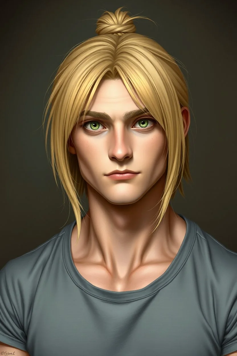 A portrait of an attractive stern frog with wig, shoulder-length blond hair tied in a tight knot, pale skin,light green eyes, muscular build, wearing grey t-shirt