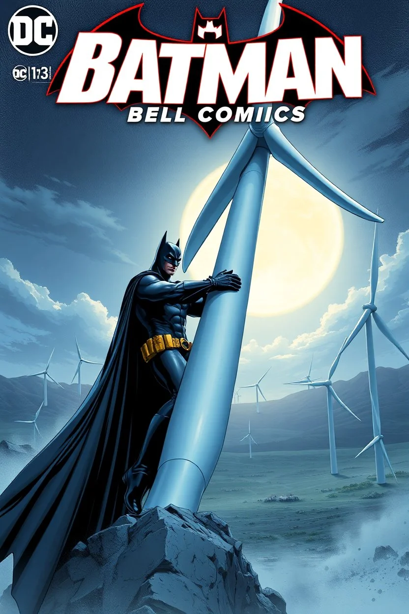 dc comics cover, giant batman holding an entire wind turbine, wind farm in the background, very high quality, highly detailed, 4k