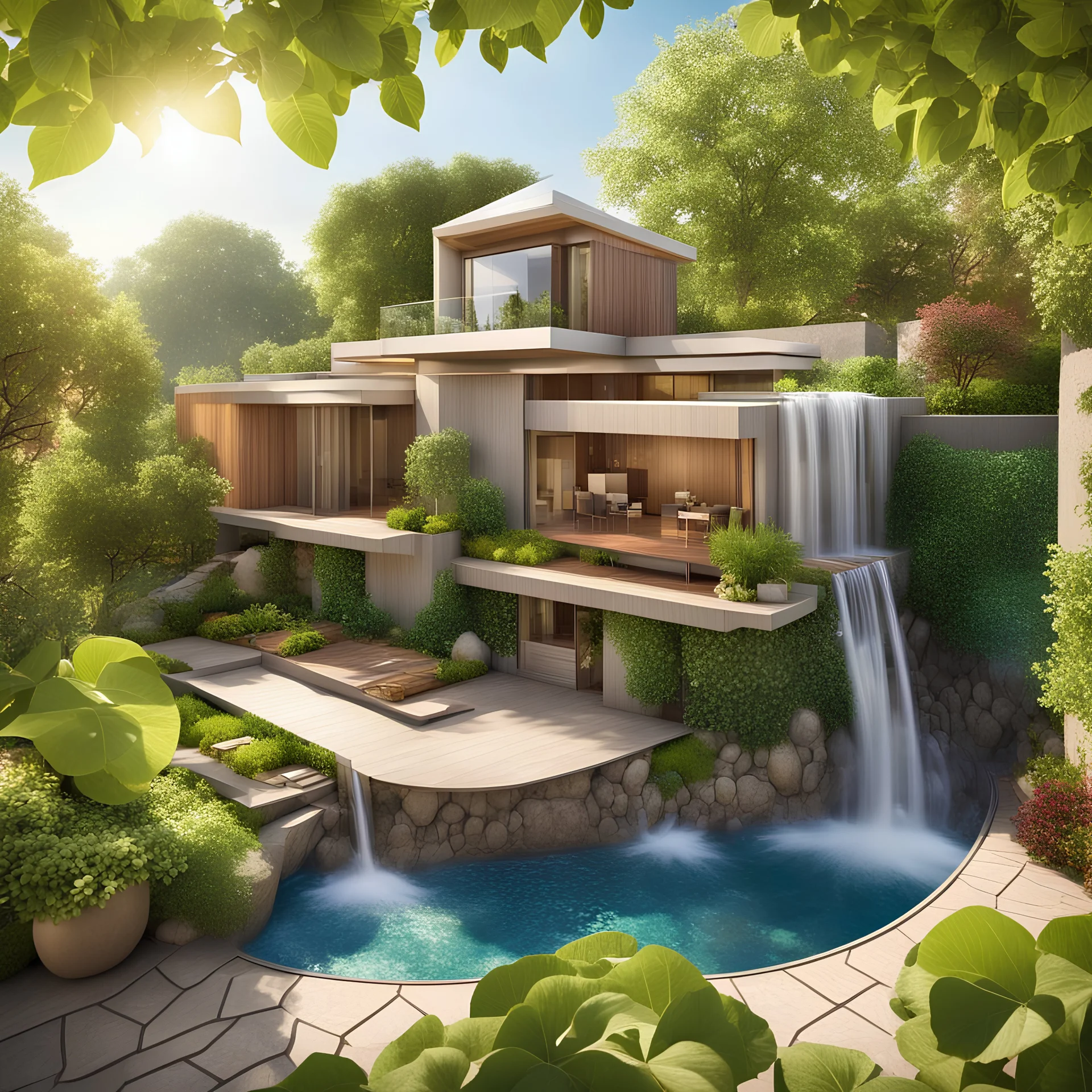 Little single dwelling house, with terrace on the roof, artificial waterfall in the backyard, apple, fig and walnut tree in the garden, medicinal and aromatic plant in the garden, on a sunny day, panoramic, wide angle, realistic, cinematic style