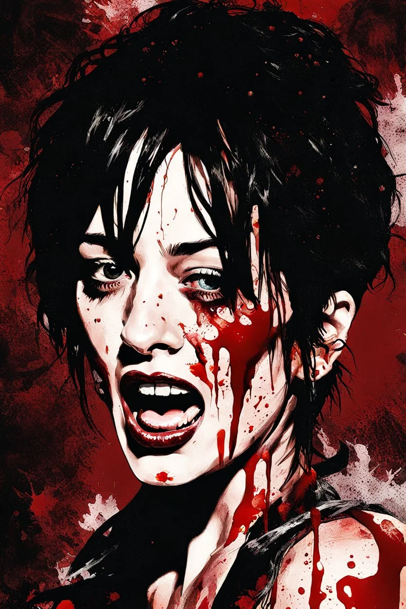 Digital illustration of 90s graphic design collage in Giallo highbrow artistic style portrait of italian actress Asia Argento covered in splattered blood, screaming, her eyes wide in terror, anime semi-realistic, exaggerated realism, macabre fine art, hardcore gore, horrorcut v.2, kandinsky 2.2,