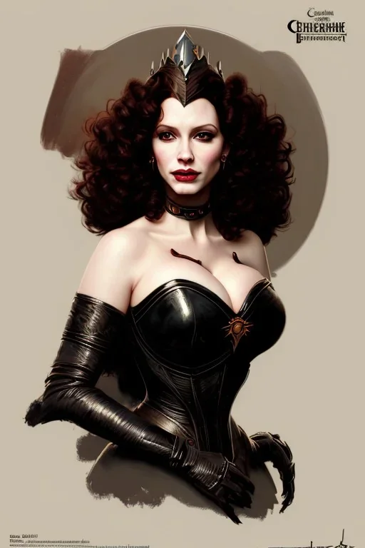 painting of christina hendricks as evil queen in black leather, feminie, angry, volouptous, busty, cleavage, emperious, mature, highly detailed, digital painting, artstation, concept art, smooth, sharp focus, illustration, art by gaston bussiere and alphonse mucha