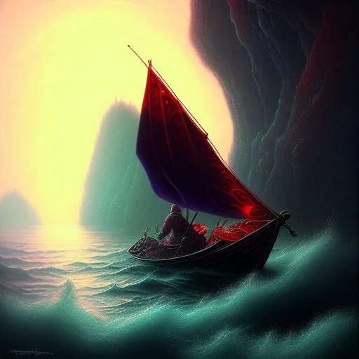 Charon in his boat on the river Styx, red black purple colours, 8k, high definition, fantasy art, winding river, sharp jagged rocks, high contrast colours, sharp colours