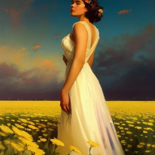 (painting of girl from behind looking a fleet of imperial ships in the sky, in a meadow of flowers.) trending on Artstation by Karol Bak cinematic lighting trending on cgsociety 4k anato finnstark cinematic Artgerm Ilya Kuvshinov Detailed Norman Rockwell Cool by Eddie Mendoza full body posing ((painting canvas fine art)) (fantasy art) ((digital art)) (digital illustration) agfacolor low coloration Anges Cecile