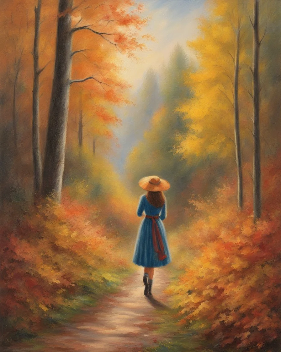 Painting of a girl in an autumn forest, oil pastel style, fine detail, by Thomas Kinkade