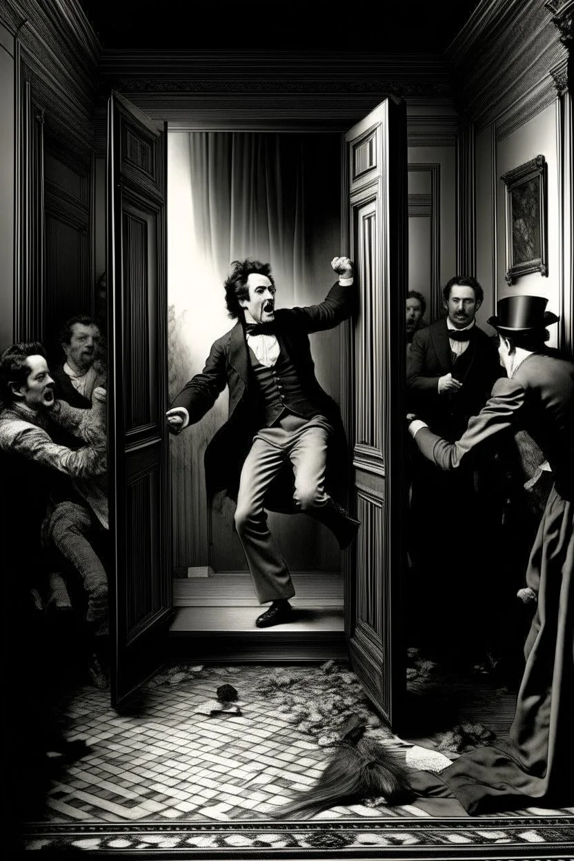 llustrate John Wilkes Booth leaping from the president's box onto the stage, shouting "Sic semper tyrannis." Capture the commotion and panic in the aftermath of the assassination. Depict Booth's swift escape through a side door, disappearing into the darkness