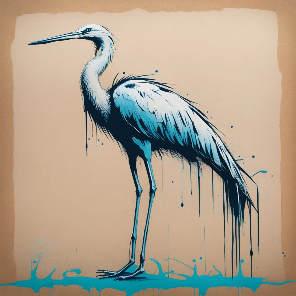 graffiti sketch of a long-legged heron on cardboard, minimalism, pastel duotone colors, wet sponge, diffusion paint wash, dramatic, by Banksy