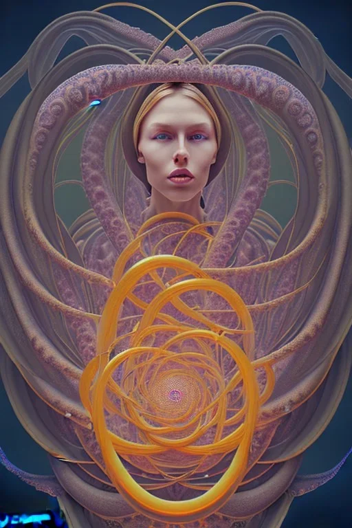 Spiritual being with Tentacles over human Head creating reality around, wrapping Spiral around Human, Psychedelic