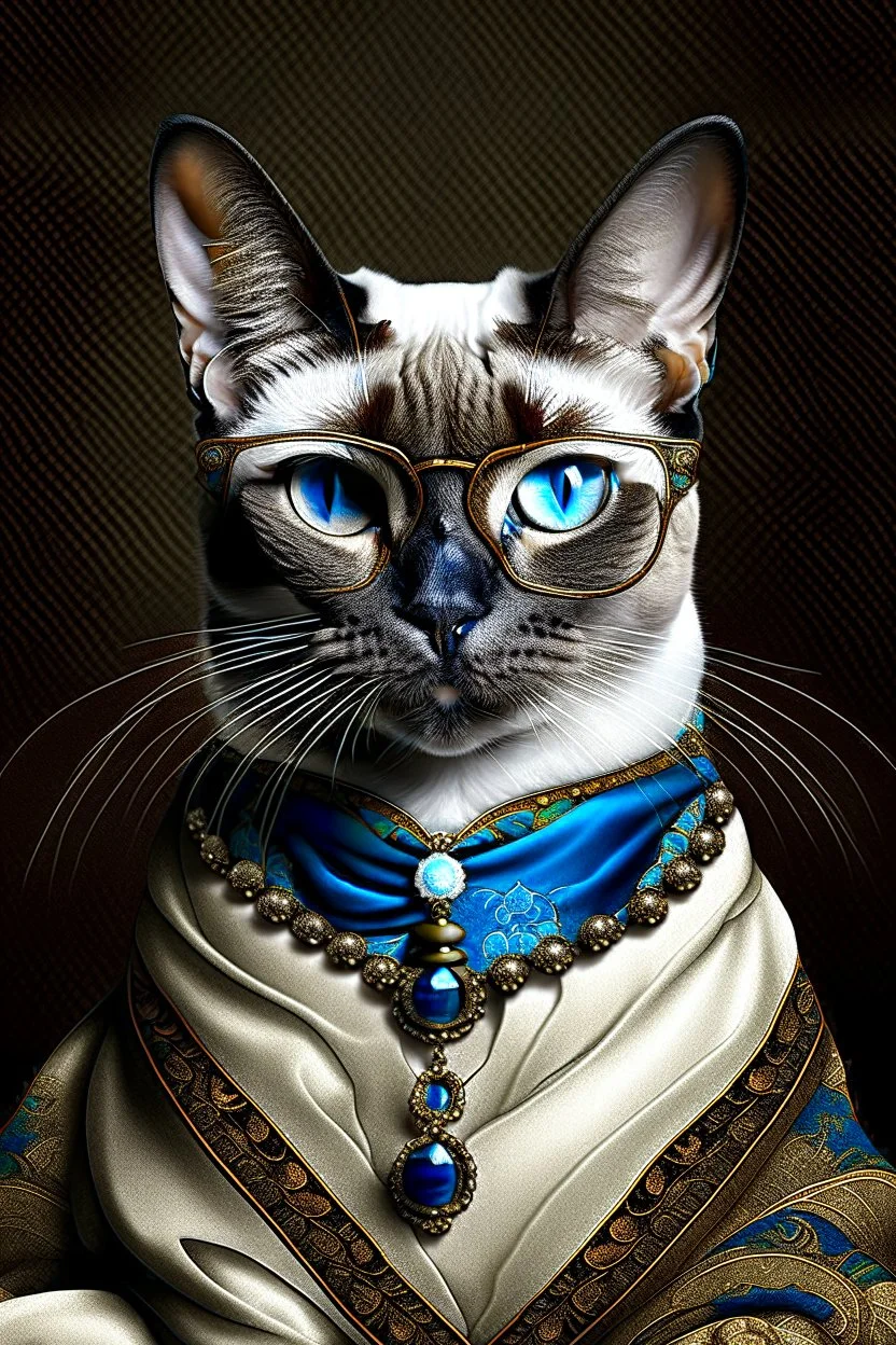 Prompt: the real awesome Siamese Cat queen in regals wearing reading glasses portrait 1600s