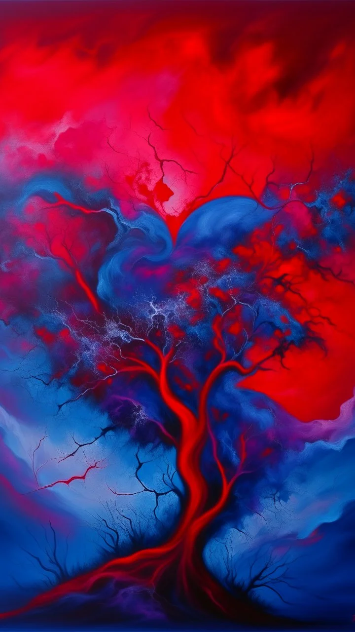 Painterly. Abstract. A blue purple in red silk raiments. Anomalous red cloud issuing forth from the heart. Simple yet majestic, a trees in black