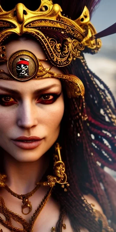 portrait of ultrabeautiful face of Pirate Queen, gorgeous, stunning, intense, intricate details, photo realistic, finely detailed outfit, extremely ornate, octane render, Unreal Engine, by Weta Digital, by Wêtà FX, by WLOP, Cinematic, Color Grading, Editorial Photography, Photography, Photoshoot, Shot on 70mm, Ultra-Wide Angle, Depth of Field, DOF, Tilt Blur, Shutter Speed 1/1000, F/22, Gamma