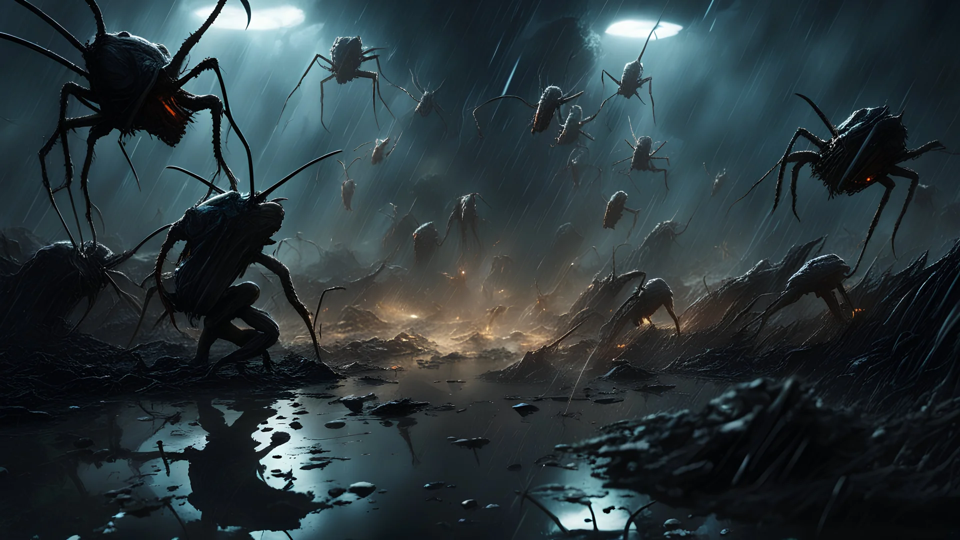 view on wide battleground destructed landscape, with army of monstrous insects fighting futuristic human army, night, heavy rain, reflections, render and lighting by weta digital, ilm and digital domain
