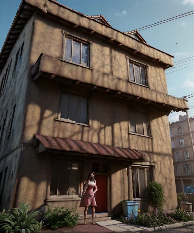 Realistic image, super giant woman inside a house, looks out through the windows. people on the street are watching him, soft color, highly detailed, unreal engine 5, ray tracing, RTX, lumen lighting, ultra detail, volumetric lighting, 3d, finely drawn, high definition, high resolution.