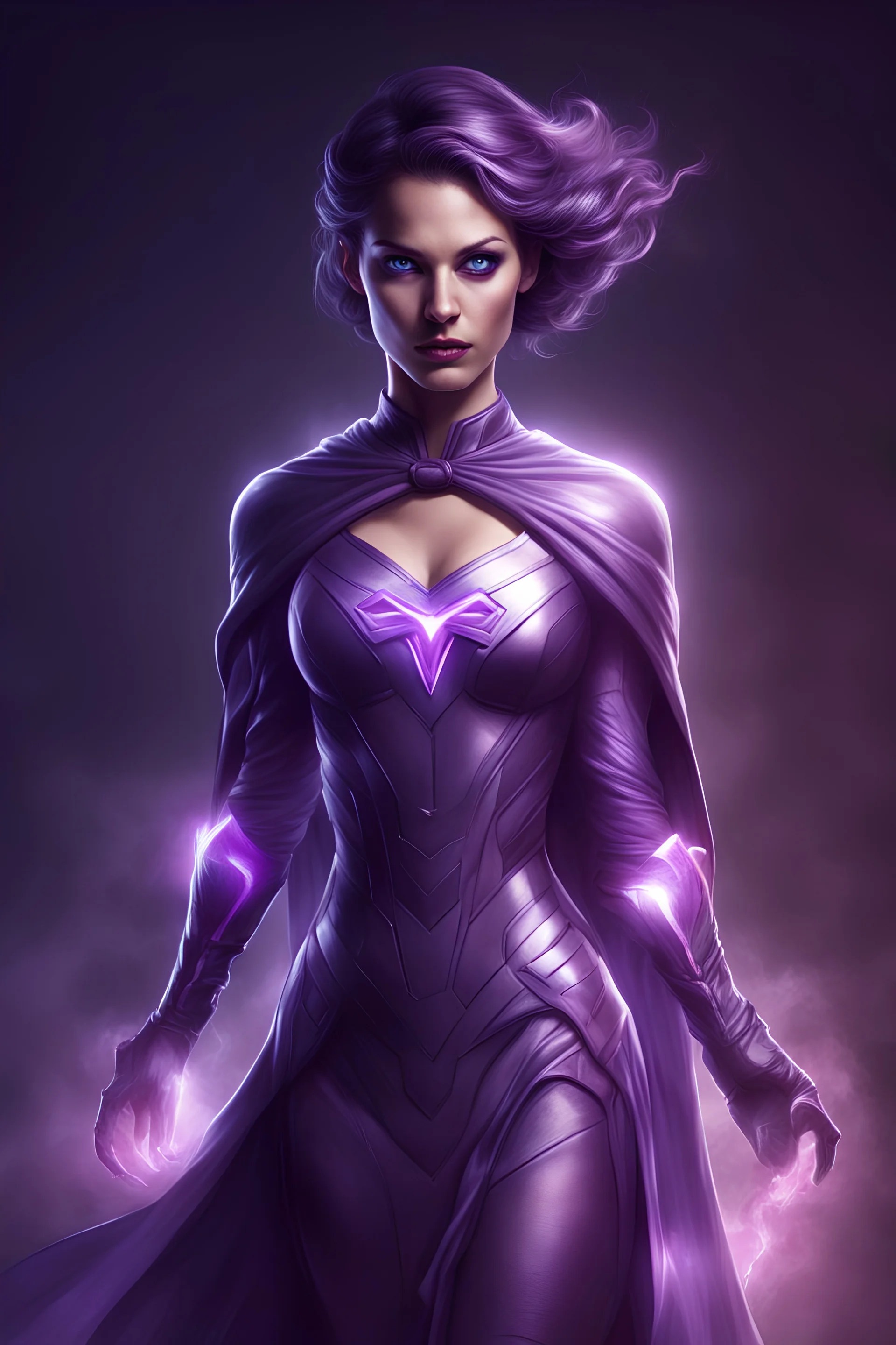 cool woman superhero with glowing violet eyes and a long frock