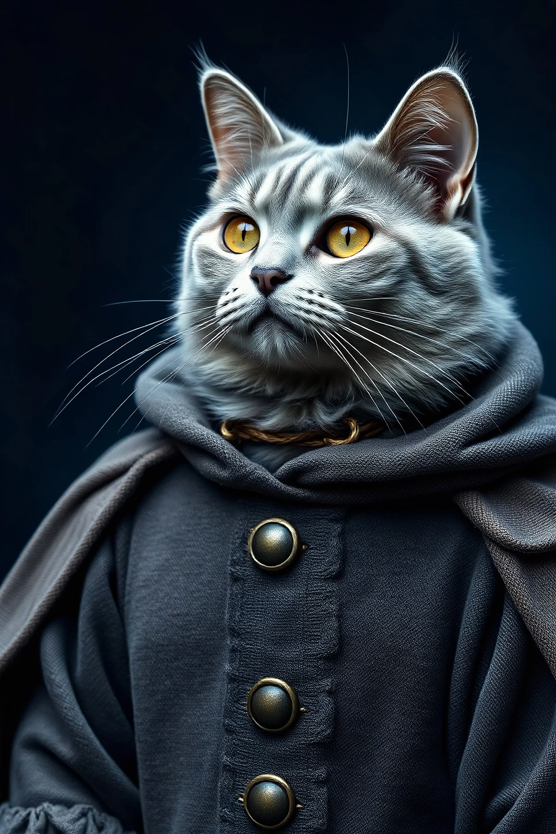 Real Grey Cat pltmysterious medieval clothing blues abstract muted background