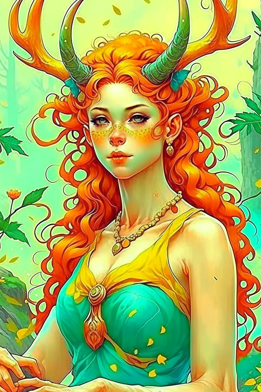 pretty girl, aged 17, ginger, conventionally attractive, realism, dreamy, tight top, bright clothes, full length, faun, satyr