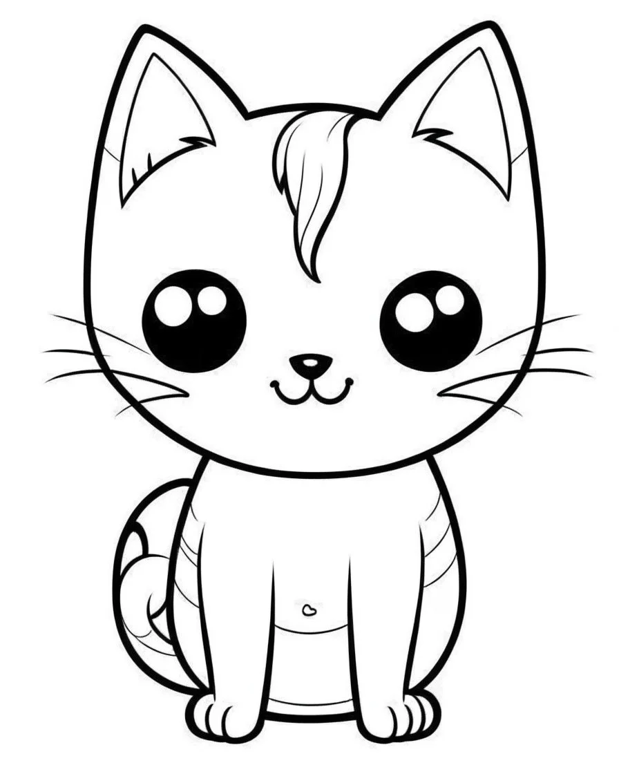 Black and white outline art only for cute coloring book pages, cute kawaii cat, all white, white background only, whole body, sketch style, full body, only outlines used, cartoon style, 2d