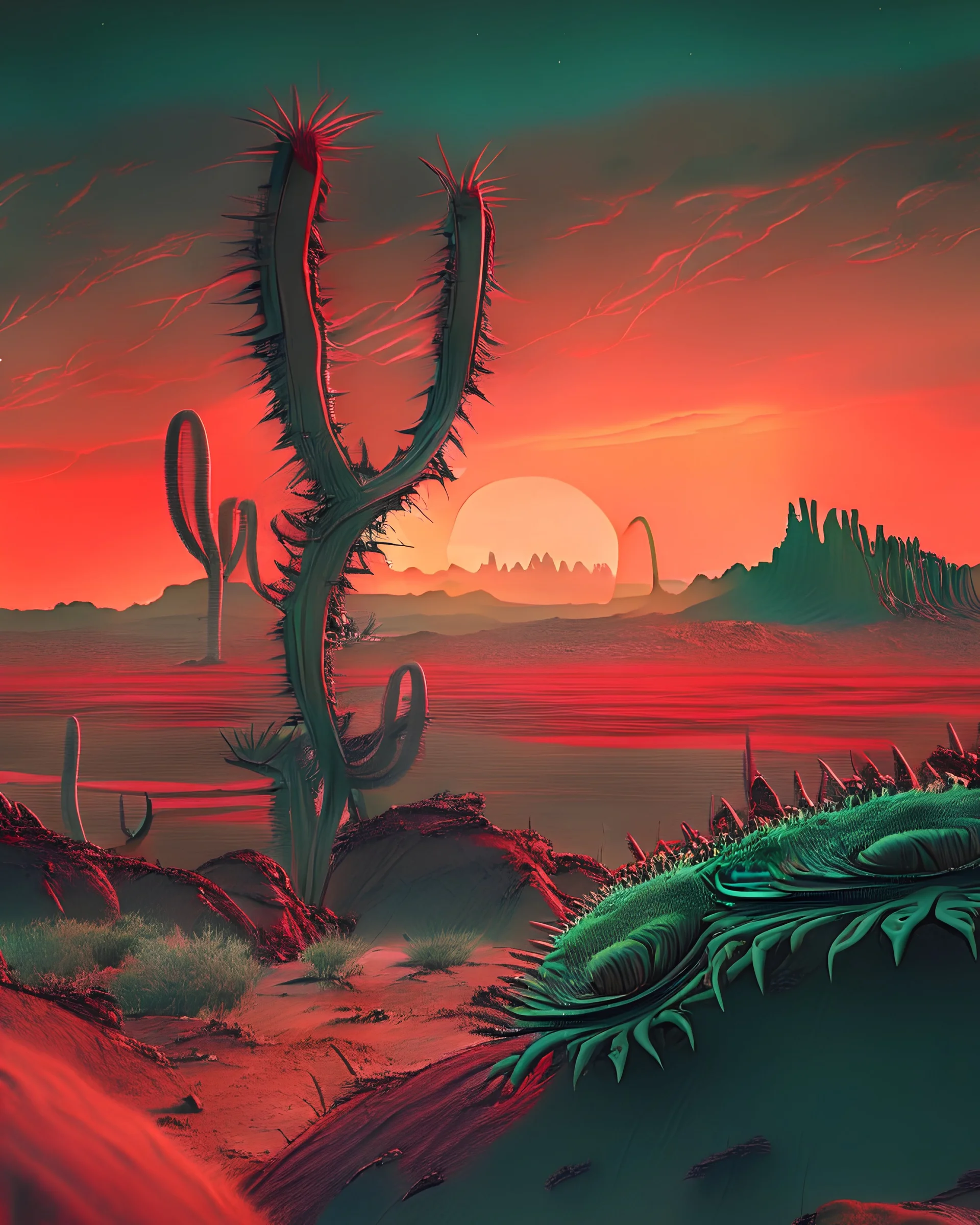 an alien landscape, highly-realistic, inspired by the movie Dune, thick dark green vegetation, ancient extinct plants blood-red sunset over the sky, cinematic, 35mm, long-distance shot