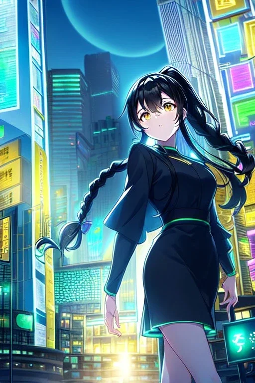 girl, masterpiece, best quality, cinematic lighting, detailed outfit, perfect eyes, black hair, golden eyes, long hair, ponytail, braided ponytail, girl standing in a modern cityscape at night with a bright yellow moon in the background, detailed cityscape illustration, neon lights, vibrant colors, anime style, dramatic lighting,