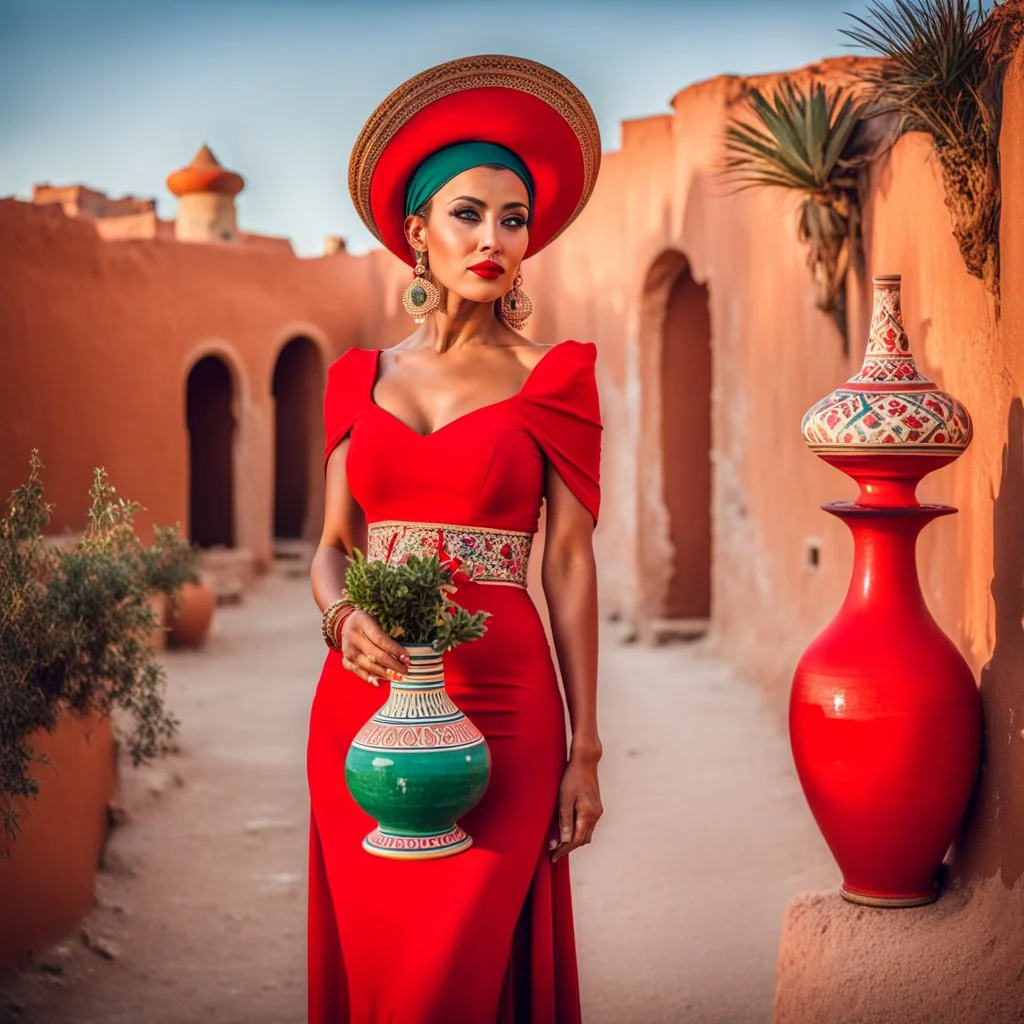 a woman in a red dress holding a vase, creative colorfull - makeup, moroccan city, cursed images, with professional makeup, inspired by Nassos Daphnis, hand built ceramics, influencer, funny hat, extremely long forehead, very very very beautifull face, amphora, real life photo of a syrian man, wine, identical picture, gourdsvery nice country side with hills ,waterfall over a river with clear water,girls with perfect pretty face in folk costums and a jar, filling their jugs with water and some of