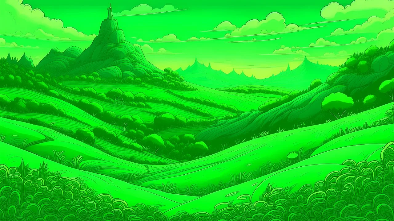 fantasy cartoon style illustration: green hills of the emerald isle