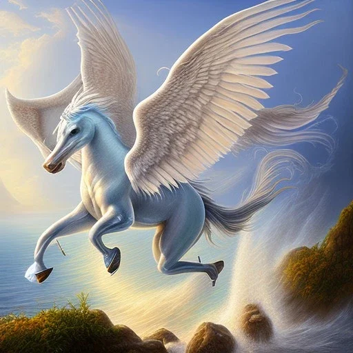 Oil painting, Pegasus with dolphin tail, full body, over ocean