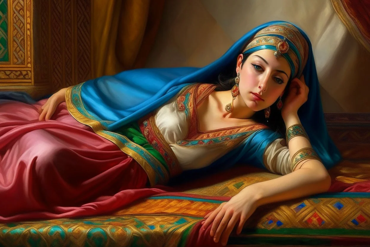 oriental arabic woman lying on a pillow painting neoclassism zoom out realistic whole body colorfull