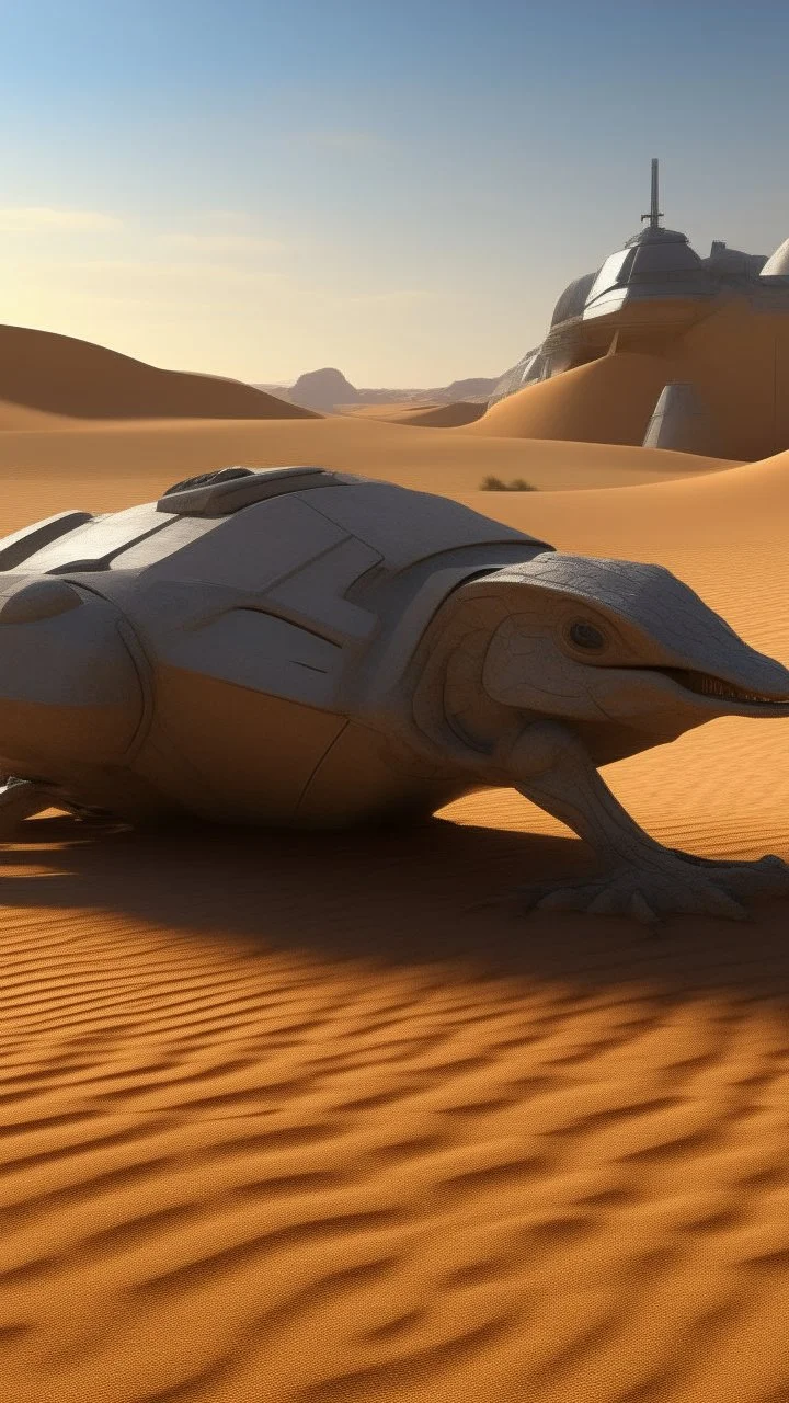 A zoom 3/2 view of Scorpion with a realistic background photo of a landscape covered in sands that looks futuristic with futuristic lighting , a caravan in the heat of the desert from the “Breaking Bad” episodes