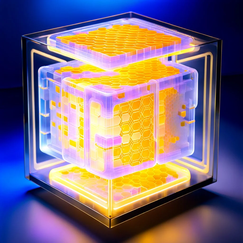 a futuristic translucent neurocube, inside the cube there are partitions made of honeycomb plates