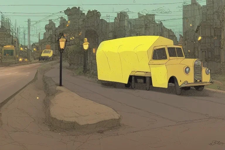 a study of cell shaded cartoon of a yellow truck on a country road, street lamps, road, illustration, wide shot, subtle colors, post grunge, concept art by josan gonzales and wlop, by james jean, victo ngai, david rubín, mike mignola, laurie greasley, highly detailed, sharp focus, alien, trending on artstation, hq, deviantart, art by artgem