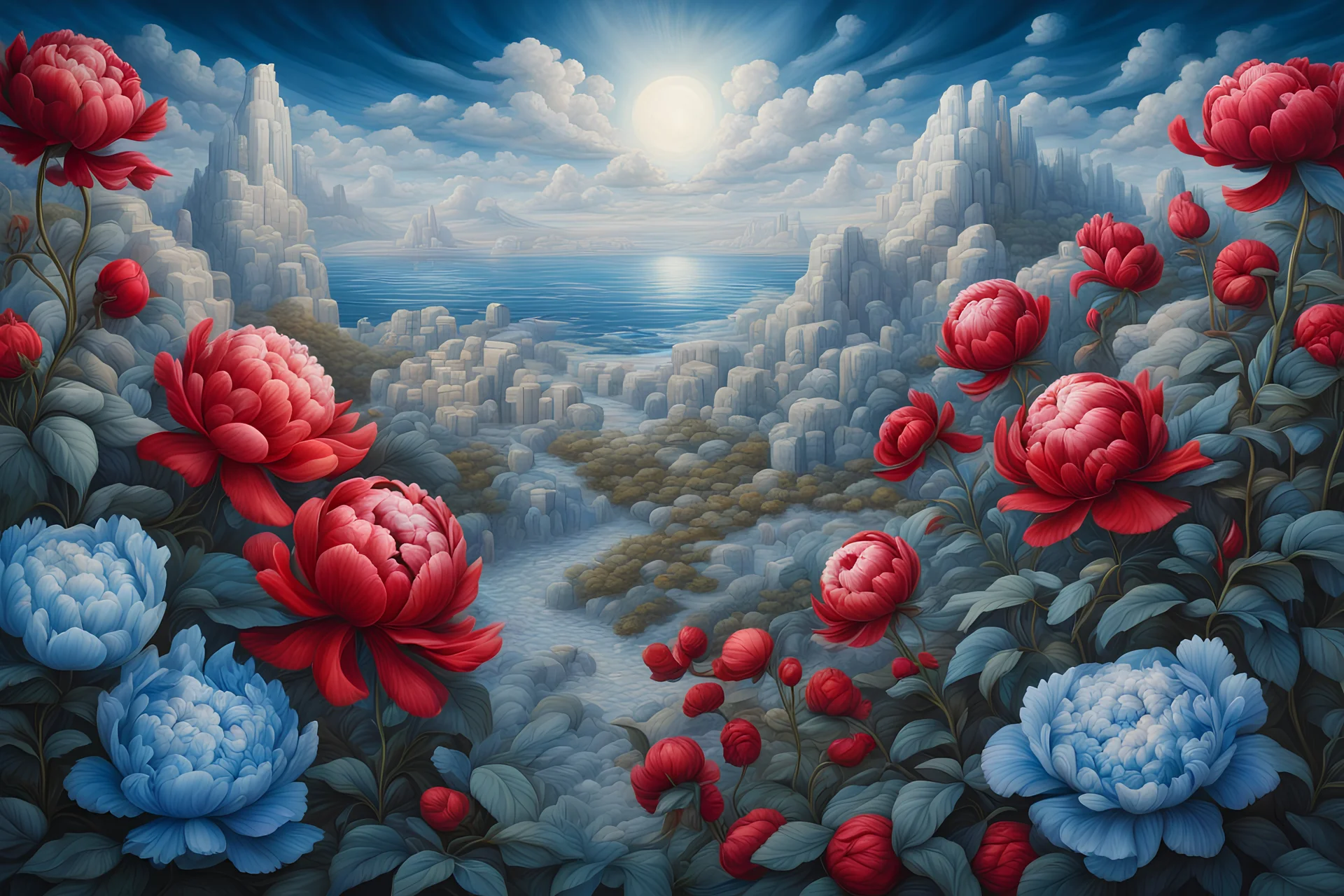 Striking white and blue landscape with red peonies. extreme details (Original prompt and modifiers by OksanaKolbasa) Modifiers: fantasy intricate 8k cinematic lighting very attractive beautiful award winning fantastic view ultra detailed high definition crisp quality Michelangelo acrylic art intricate details Jacek Yerka Rubens