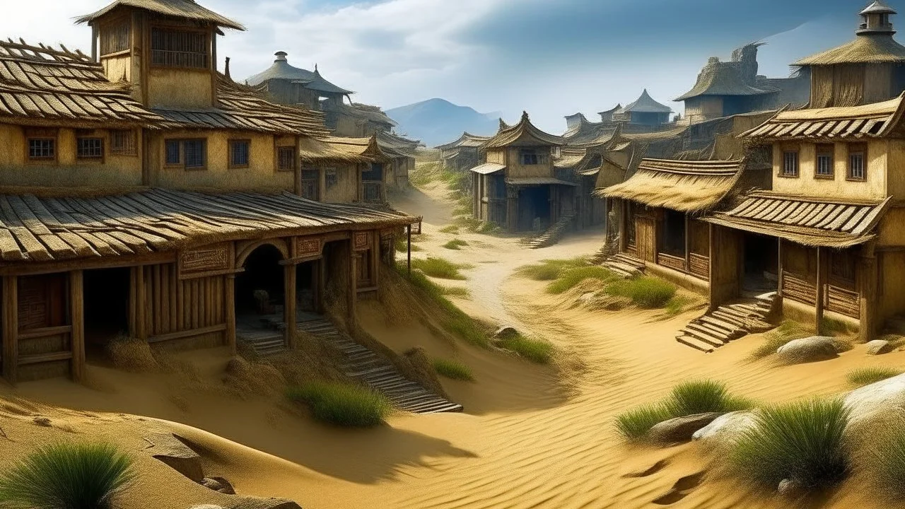 ancient, fantasy, chinese town, dune, crater, sand strom, destroyed chinese houses