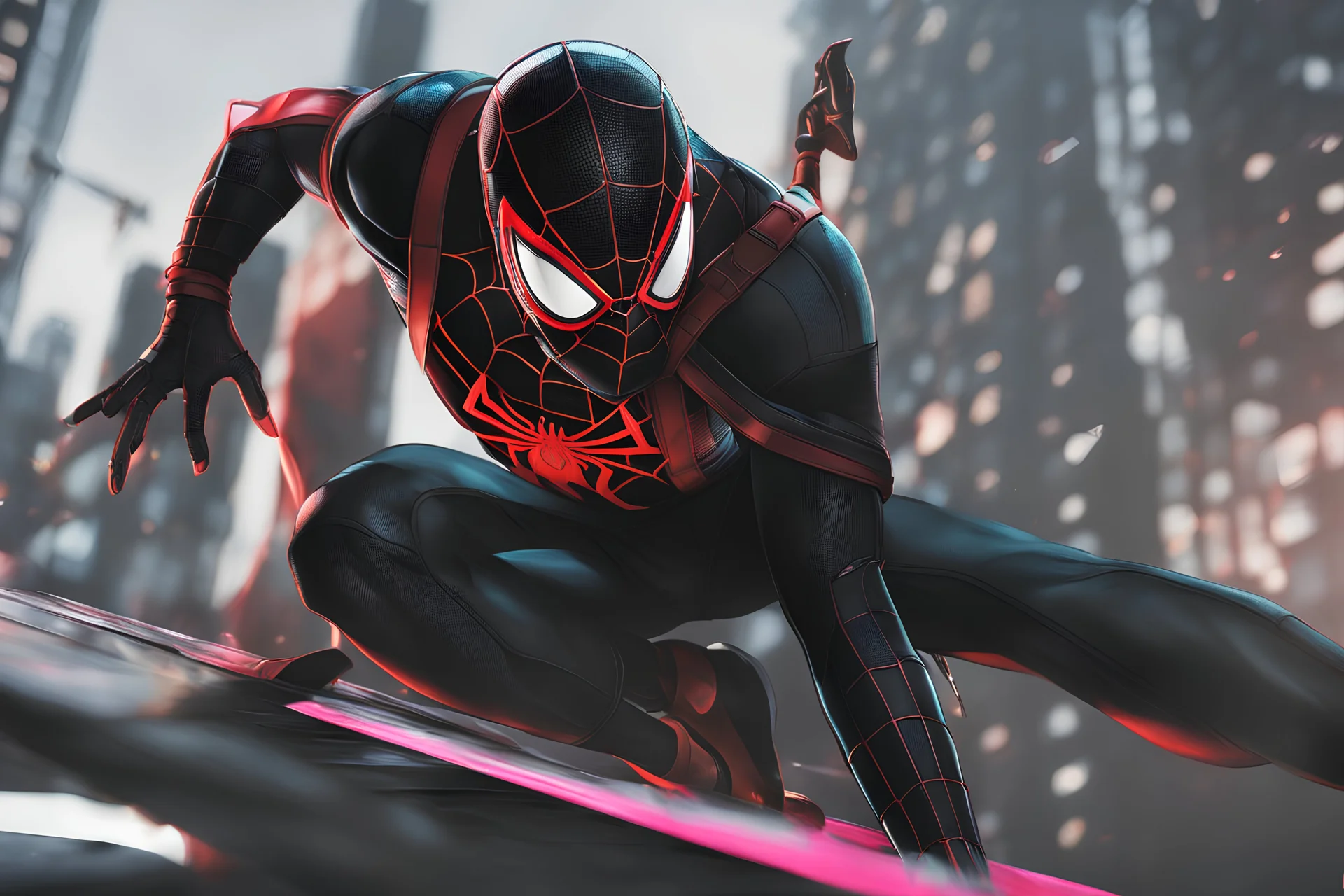 Miles morales in 8k nier automata drawing style, spider man them, cinematic mood, neon effect, close picture, bones, highly detailed, high details, detailed portrait, masterpiece,ultra detailed, ultra quality
