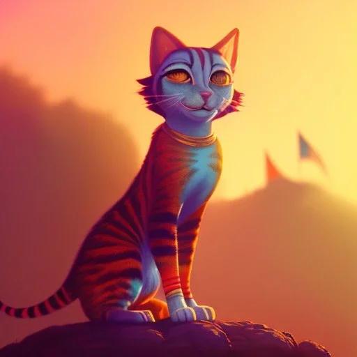 circus, tabaxi, female, fantasy, at dawn by atey ghailan, mystical colors, Golden hour, Lisa Frank fantasy