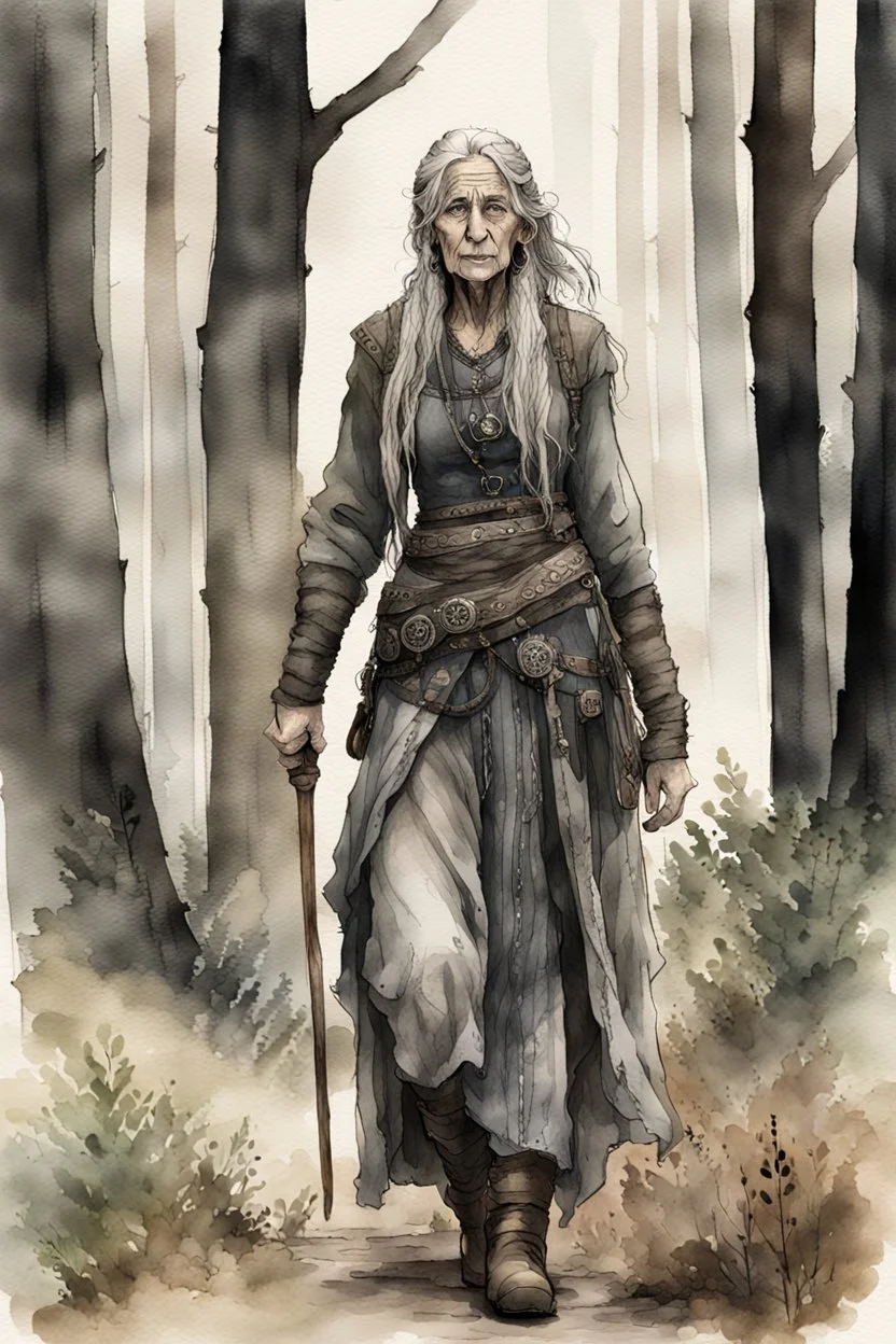 ink wash and watercolor illustration of an ancient grizzled, gnarled female vagabond wanderer, long, grey hair streaked with black, highly detailed facial features, sharp cheekbones. Her eyes are black. She wears weathered roughspun Celtic clothes, emaciated and tall, with pale skin, full body , thigh high leather boots within a forest of massive ancient oak trees in the comic book style of Bill Sienkiewicz and Jean Giraud Moebius , realistic dramatic natural lighting