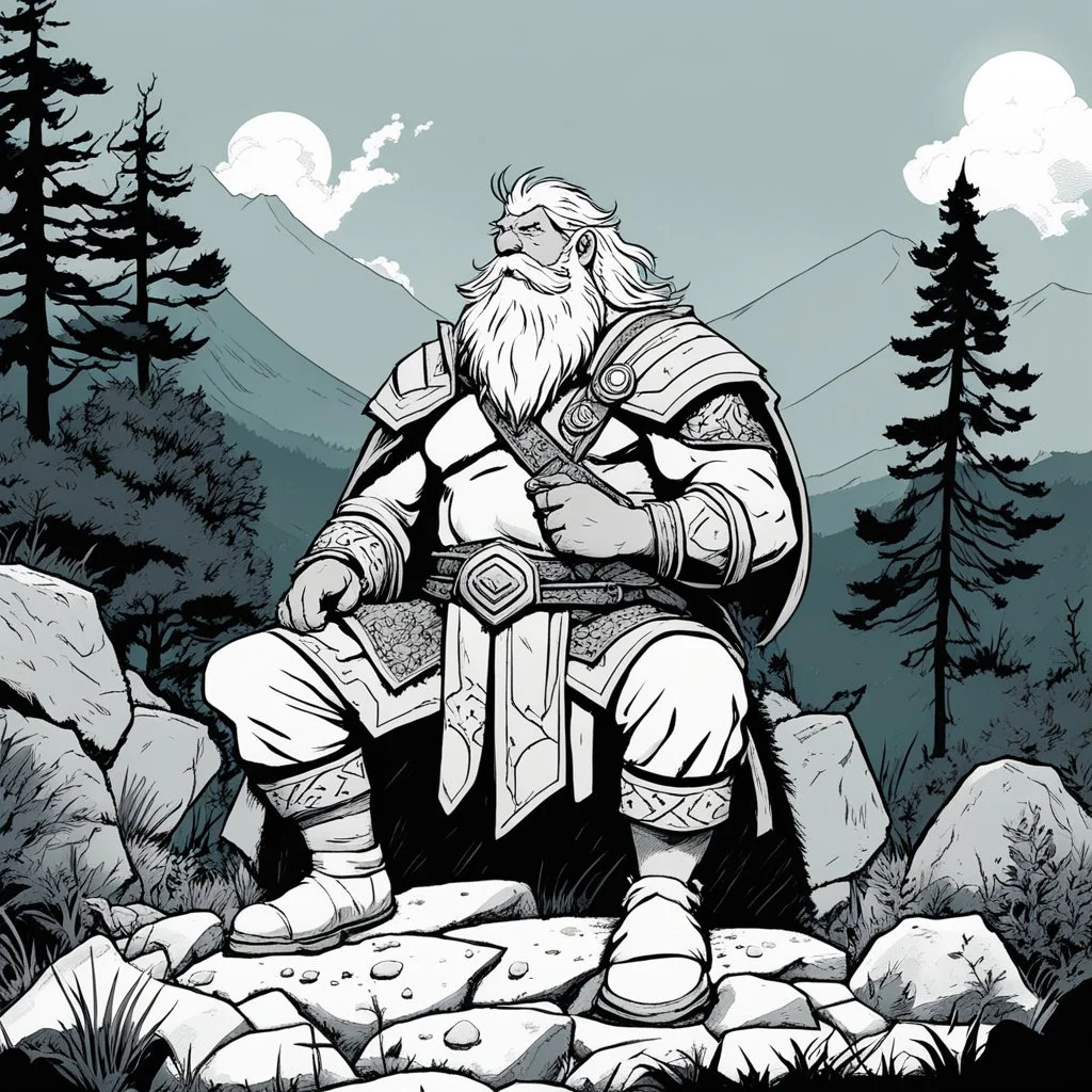 [comics Head Lopper style by Andrew MacLean] The short dwarf healer, known for his ancient wisdom and mystical abilities, sits cross-legged at the summit of the sacred hill. Before him, on a flat stone, he arranges his medicines: mosses, powders, and leaves gathered from the depths of the forest. These are not just remedies but conduits to the ancient secrets of his people, passed down through generations and held deep within his soul. With a reverence born of centuries-old tradition, the dwarf