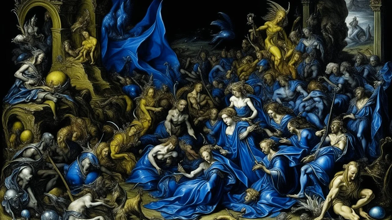 A dark blue chaotic realm with pixies painted by Albrecht Durer