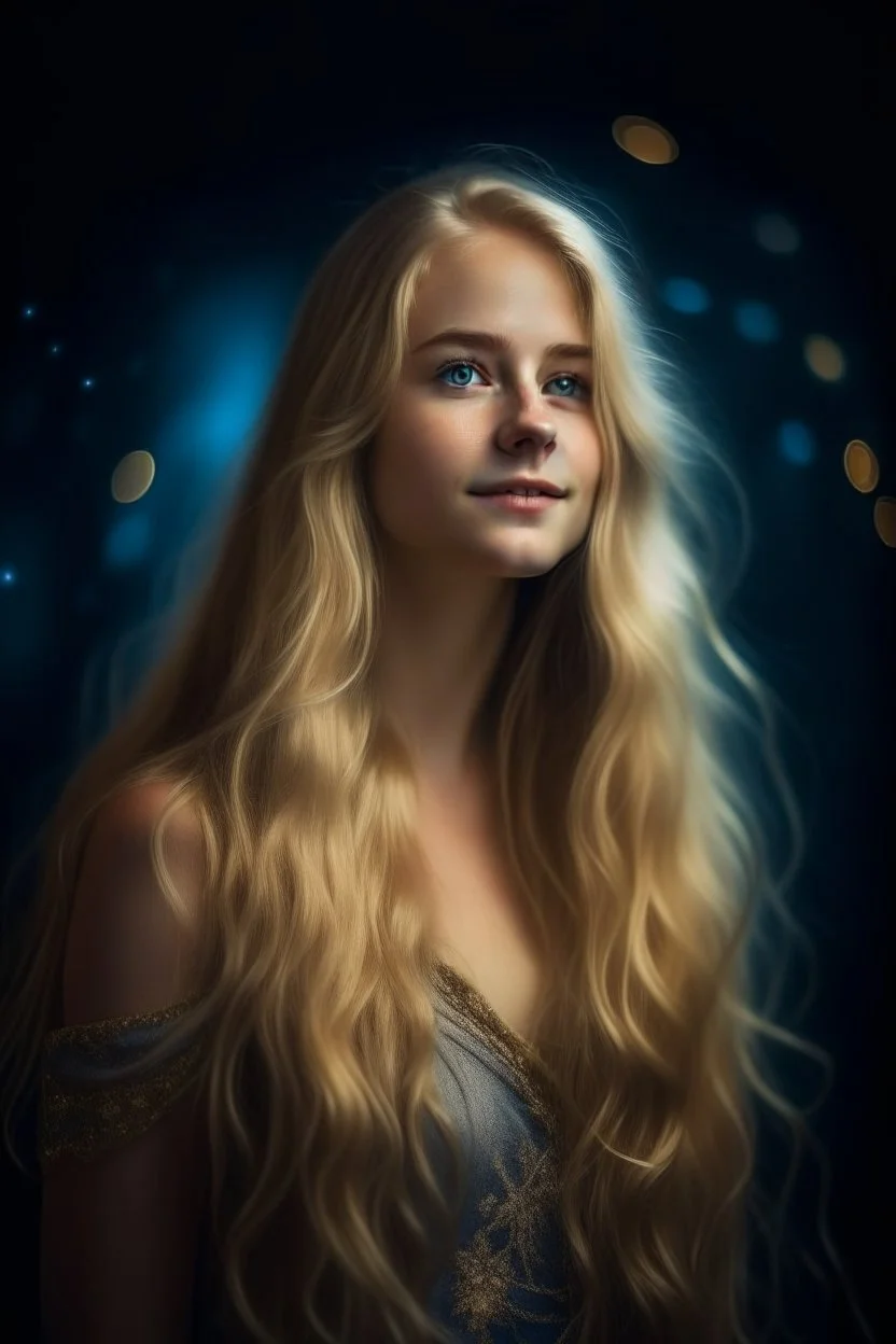 portrait of a beautiful Norwegian woman with super long blond hair, warm-hearted, goddess, starlight, stardust