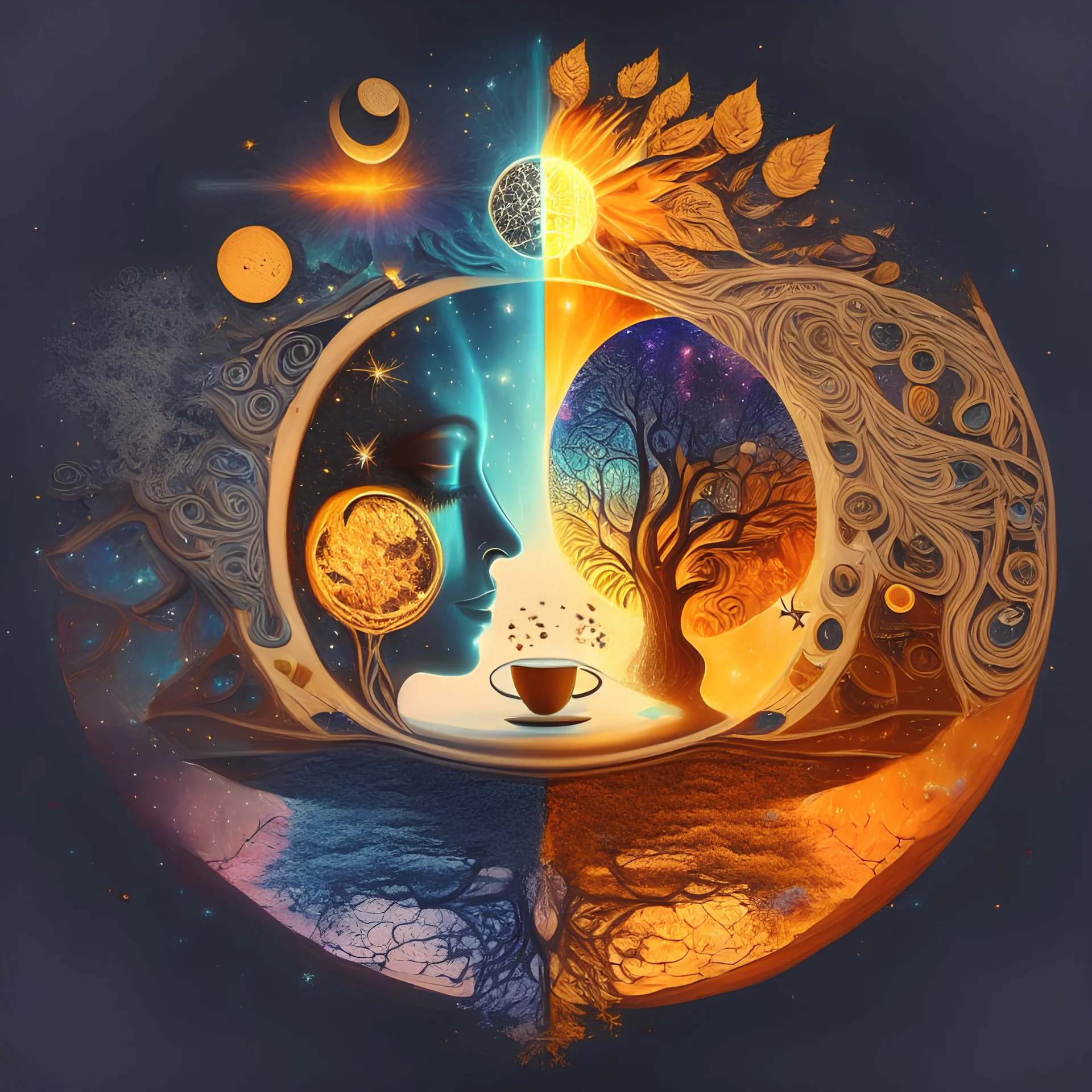 Psychedelic cafe design, mirror space with human face, sun, moon, stars, galaxy, love, water, fire, earth, wind and seventh element and light and tree of life and coffee bean