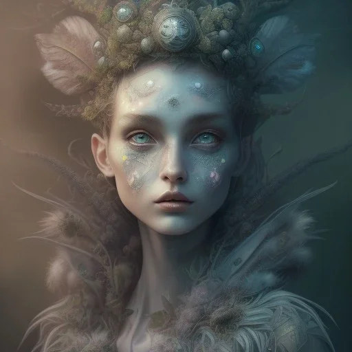 karlan, plant metal, feathers, Dryad, fae, sidhe, ominous, nature, plants, wildflower, facepaint, dnd character portrait, intricate, oil on canvas, masterpiece, expert, insanely detailed, retroanime style, cute big circular eyes, cinematic smooth, intricate detail , soft smooth lighting, soft pastel colors, painted Renaissance style