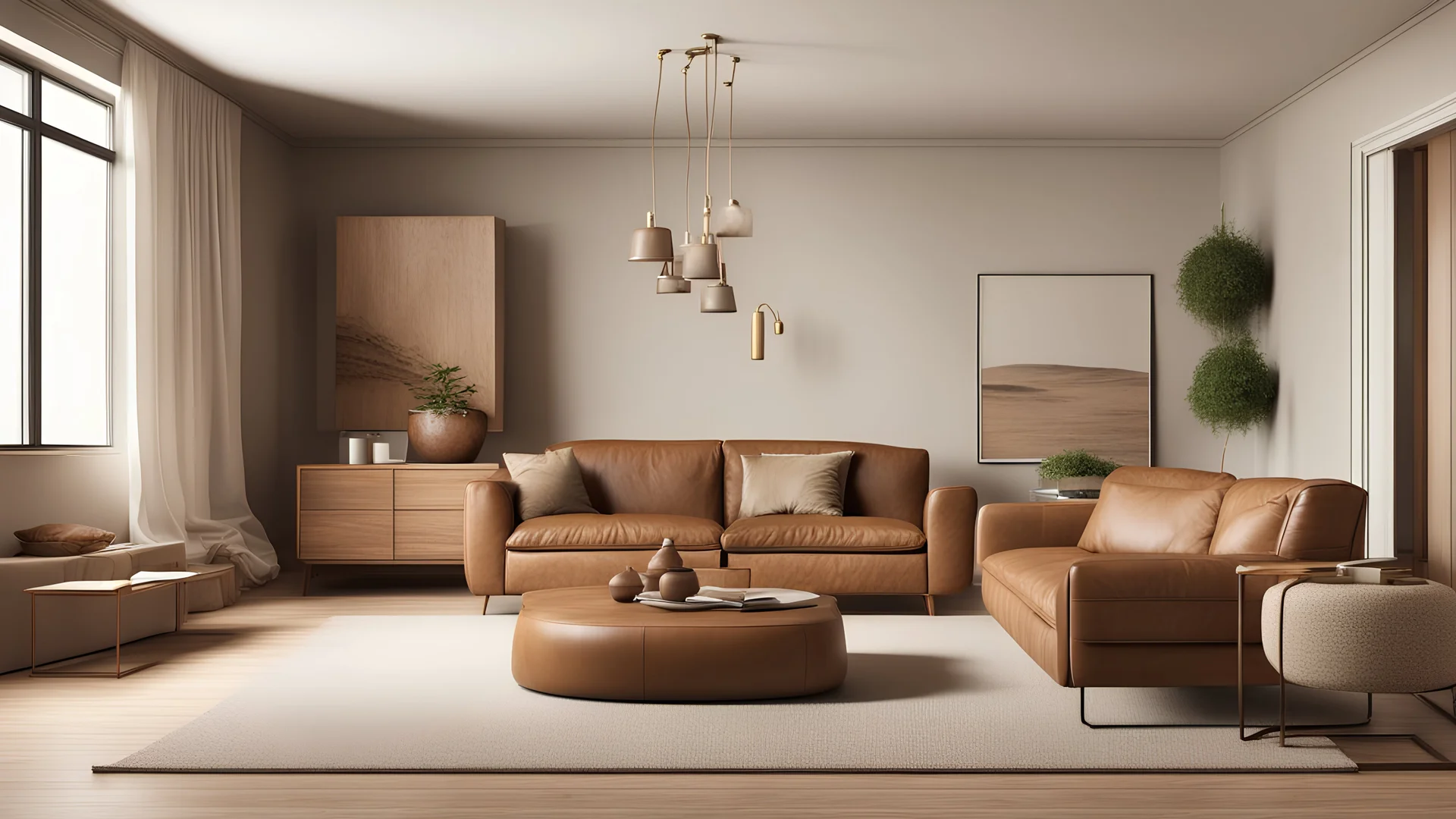 Home interior mock-up with brown leather sofa, table and decor in living room, 3d render