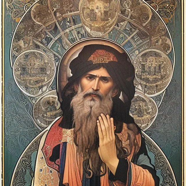 patron of photographers holding a camera in one hand and film roll in the other. orthodox icon with saint photographer. Cyrillic inscriptions. hyperdetailed, Alphonse Mucha, Zdzisław Beksiński, poster, illustration, ink, oil on canvas, 18th century atlas