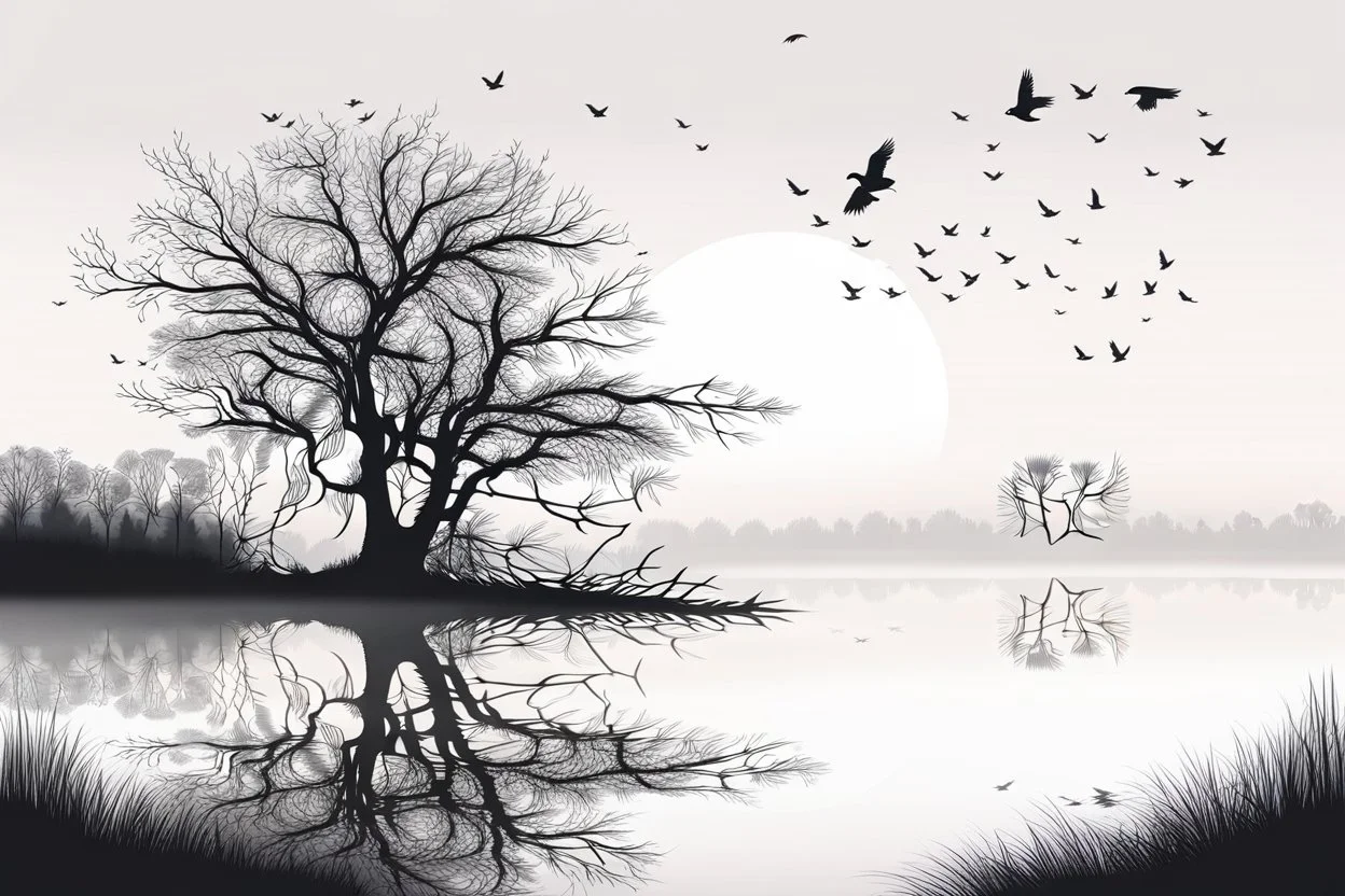 Illustration of a lonely dark tree with barren branches stands on a water's edge, reflected in the water, fog, crows on the sky, mystical landscape, sinister mood, line art